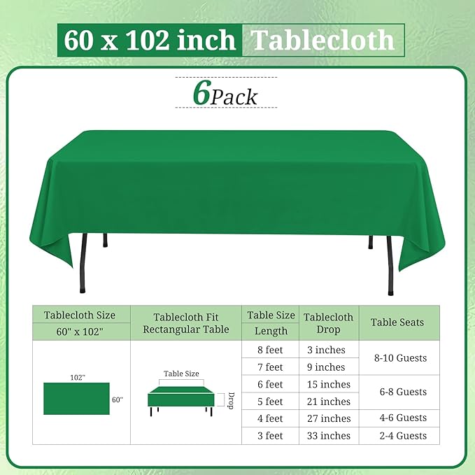 6 Pack Green Tablecloths for 6ft Rectangle Tables 60 x 102 Inch - Polyester Table Cover Stain and Wrinkle Resistant Washable Fabric Table Clothes for Wedding Party Banquet Reception Restaurant