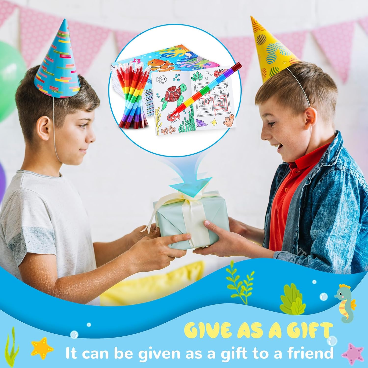BenLouis 12 Under the Sea Mini Coloring Books Kids with 12 Stacking Crayons Ocean Animals Party Favors Small Activity Books Bulk for Kids Fish Birthday Party Gift Goodie Bag Stuffers