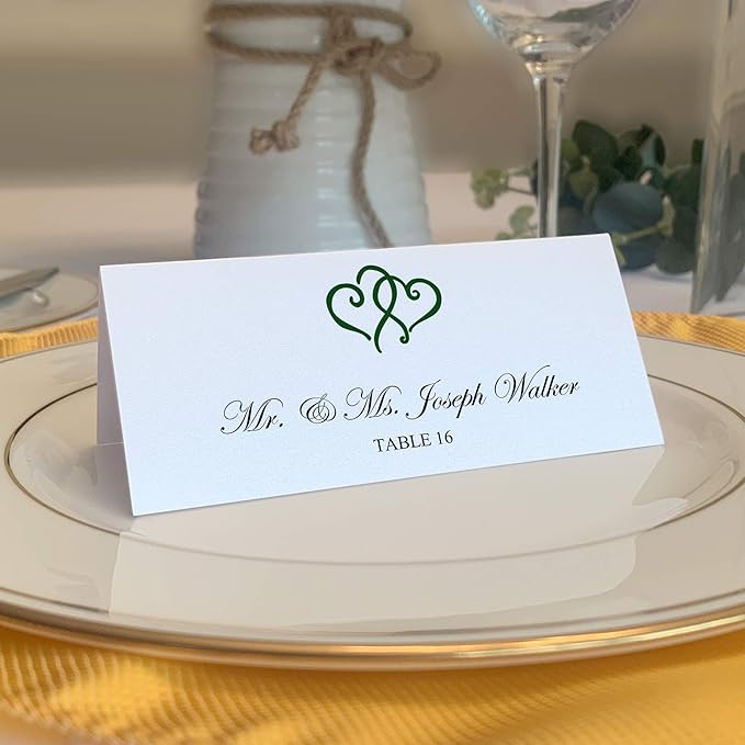 Linked Hearts Place Cards, Hunter Green (Choose Color), Set of 25, Pre-cut and Scored - Wedding, Party, Dinner, and Special Events - Made in the USA