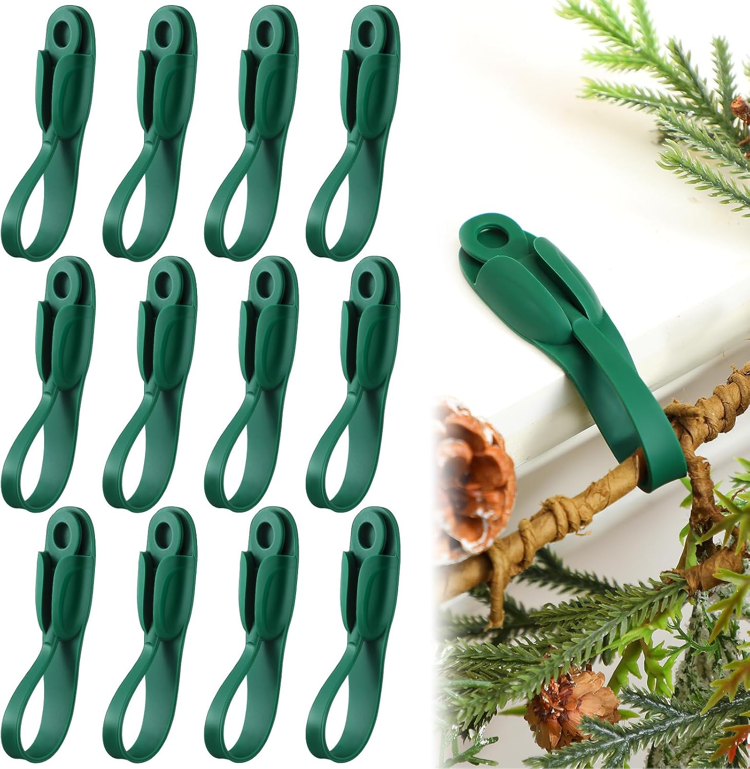 Relaxweex 12 Pcs Garland Hanger for Mantle No Drill Garland Hangers Hooks Wreath Ties Fireplace Stocking Holder Stretchable Silicone Adhesive Straps for Door Frame Stairways (Green)