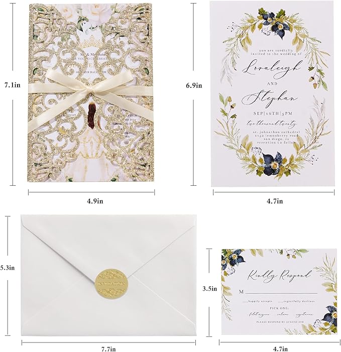 25pcs Glitter Wedding Invitations with Envelopes and RSVP Cards Gold Personalized Laser Cut Party Invitation with Ribbons for Wedding Engagement Baby Bridal Shower Quinceanera Birthday Party Invite