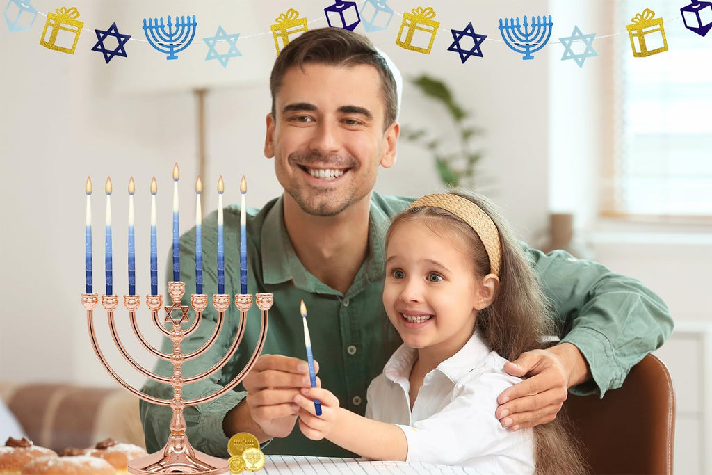 The Dreidel Company Dripless Premium Tapered Hand Decorated Multi Blue Frosted Hanukkah Candles, 45 Hanukkah Candles Premium Quality Wax, 1 Hour Burn Time