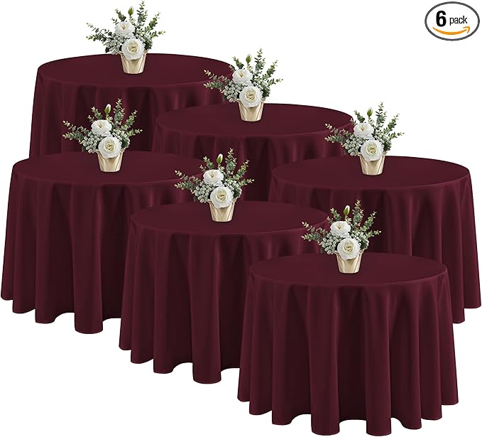 Fitable 6 Pack Burgundy Tablecloths for Round Tables - 108 Inches in Diameter - Stain Resistant and Washable Table Clothes, Polyester Fabric Table Covers for Wedding, Party, Banquet, Formal Events