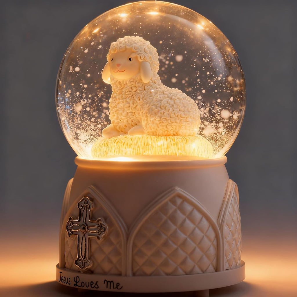 Jesus Loves Me Snow Globe, Jesus White Lamb Baptism Music Box, Religious Gift for Pastors Girls Wife Girlfriends Friends Easter Birthday Present