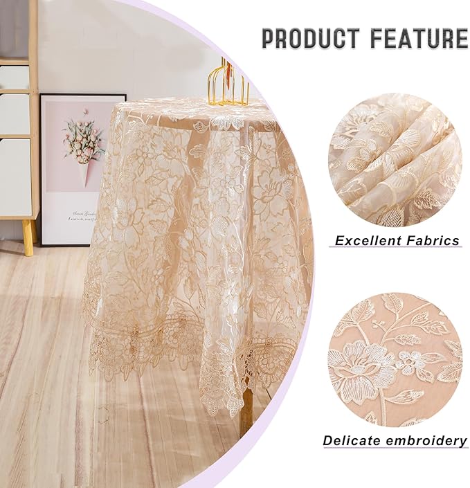 Round Embroidered Lace Tablecloth Vintage Decorative Exquisite Border Table Cover for Party Wedding Home Decorations, Round-60, Beige