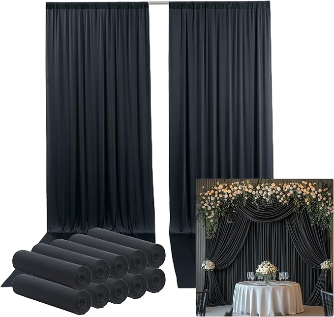 50ftx15ft Wrinkle Free Black Backdrop Curtain, 10 Panels 15FT Height Black Wedding Backdrop Drapes, Silky Polyester Back Drop Cloth for Birthday Photography Background Party Backdrop Draping