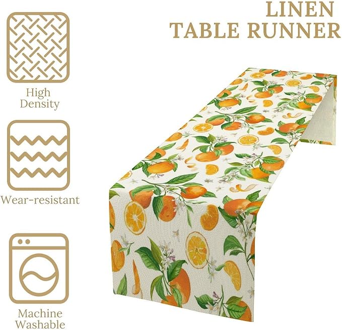 Spring Summer Orange Table Runner Vintage Citrus Lemon Fruit Mandarin Floral Dinner Runner for Farmhouse Baby Shower Party Holiday Home Kitchen Dining Table Decor 13x36