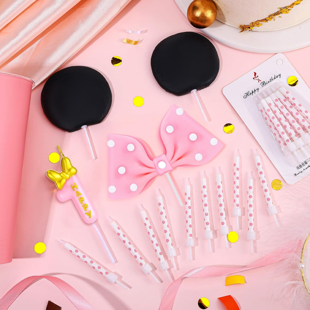 Mouse Cake Candles Topper Pink Bow and Ears Decorations with 20 PCS White Dot Long Candles for Baby Birthday Cake Topper Decor (Number 1)