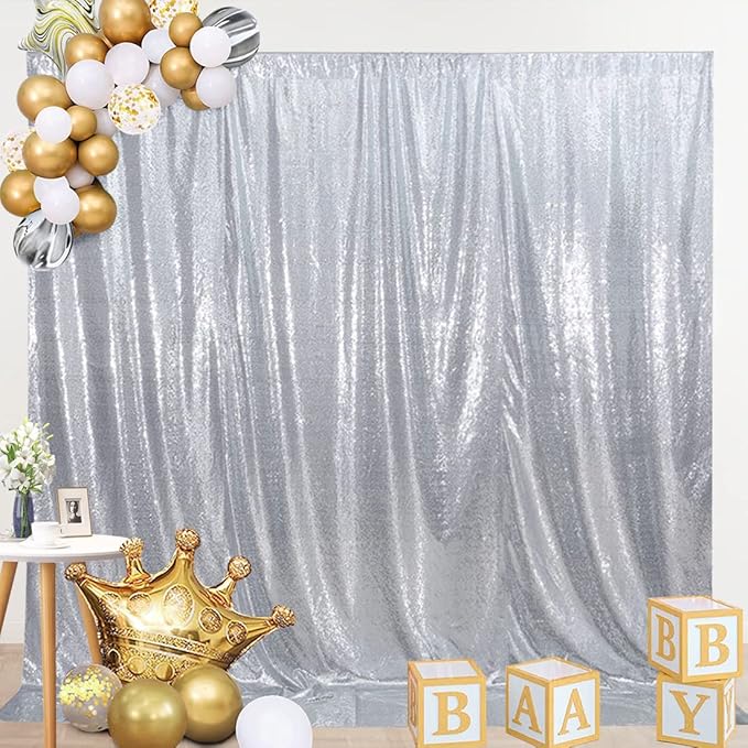 SquarePie Sequin Backdrop Not See Through Thick Stain Background for Photography Glitter Curtain Party 6FT x 8FT Silver
