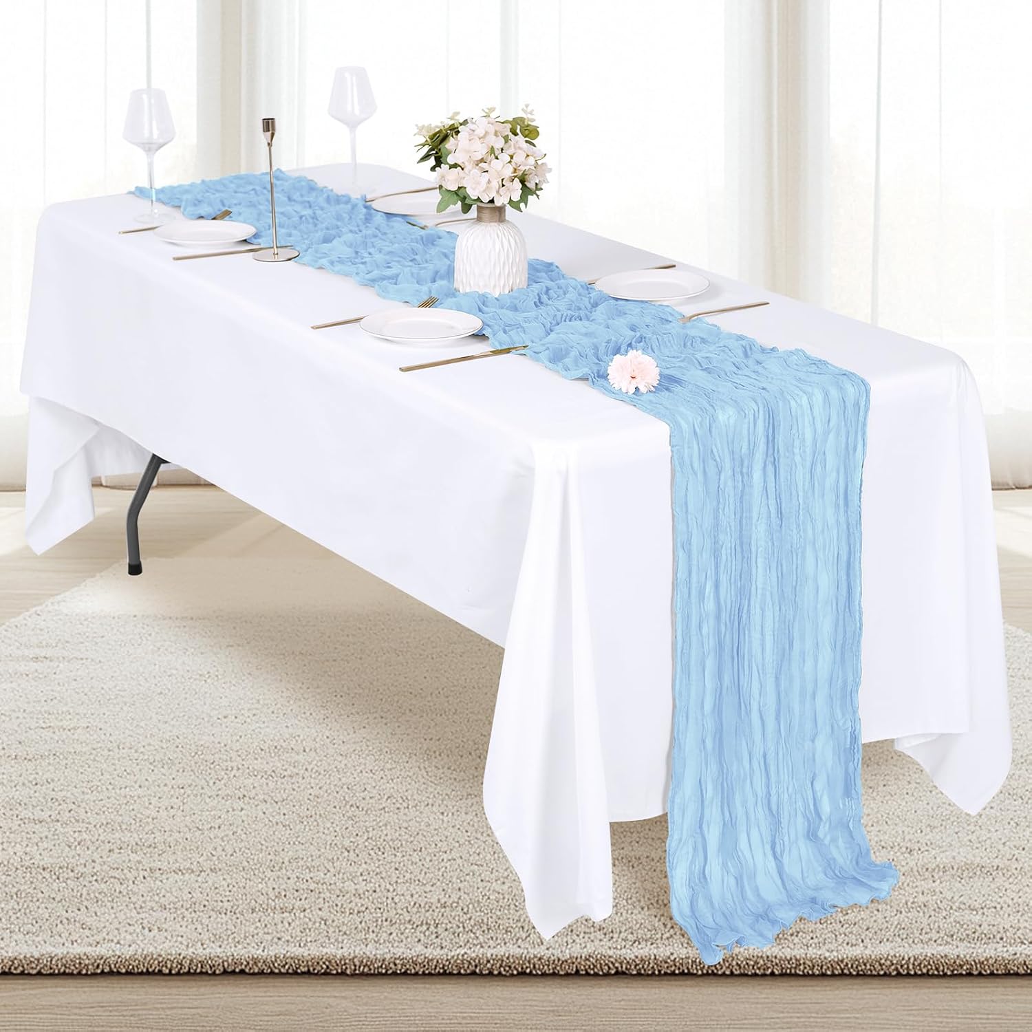 12 Pack Baby Blue Cheesecloth Table Runner 17x108 Inch Semi Sheer Boho Gauze Cheese Cloth Fabric Table Runners, for Wedding Party Baby Shower Birthday Home Decor Garden Farmhouse
