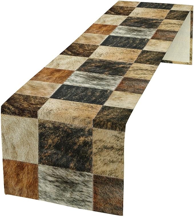 Rustic Cow Skin Patchwork Print Table Runner, Farmhouse Country Western Style Fur Table Cover for Dinning Home Party Holidays Home Setting, 13x60 Inch