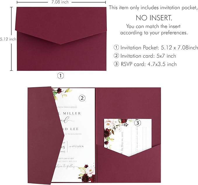 20 PCS Burgundy Tri-fold Laser Cut Wedding Invitation Pockets for 5x7 Wedding Cards Bridal Shower Engagement Quinceanera Invitation