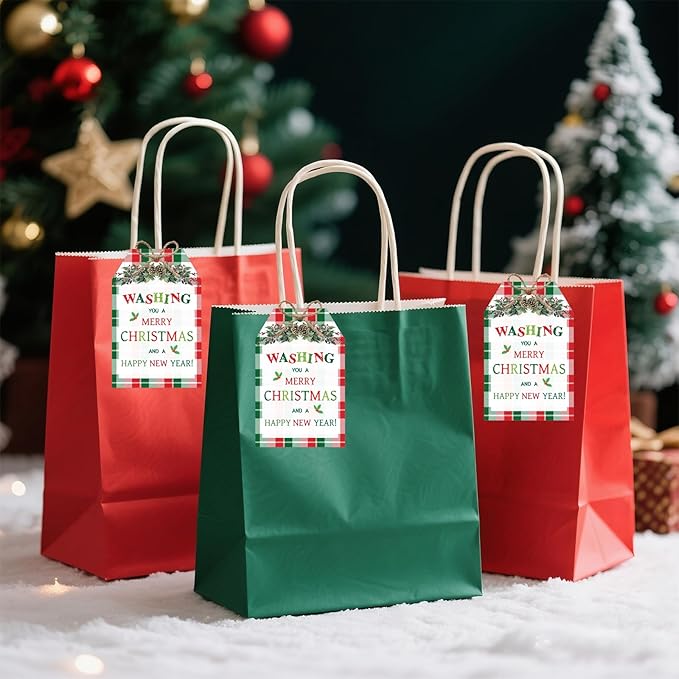 60Pcs Merry Christmas Tags with String, 3.3x2.1 Inch Buffalo Plaid Holiday Gift Tags, Xmas Happy New Year Tag with Holly for Winter Party Candy Bag Envelope Presents Gift Favor