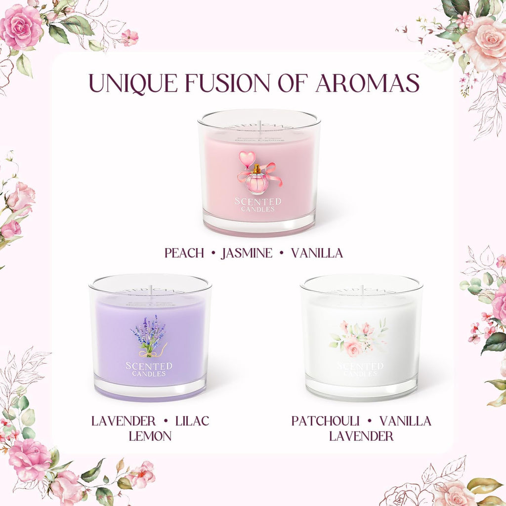 CHILLFLAME Scented Candles, Scented Candle Gift Set for Stress Relief, 3 Votive Candles for Women and Men, Birthday Candle Gifts for Women, Christmas Candles for Women (Pink + Purple + White, 7 oz)