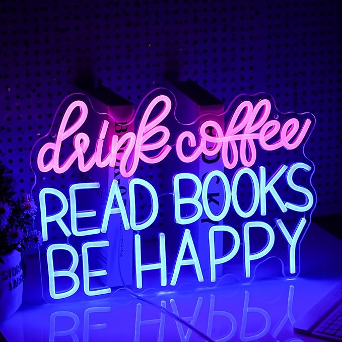 Drink Coffee Read Books Be Happy Neon Sign USB Powered Led Read Books Neon Light for Wall Decor Dimmable Pink Blue Neon Light Up Signs for Classroom Coffee Shop Bookstore Library Museum Study Room(16.5*12.6In)