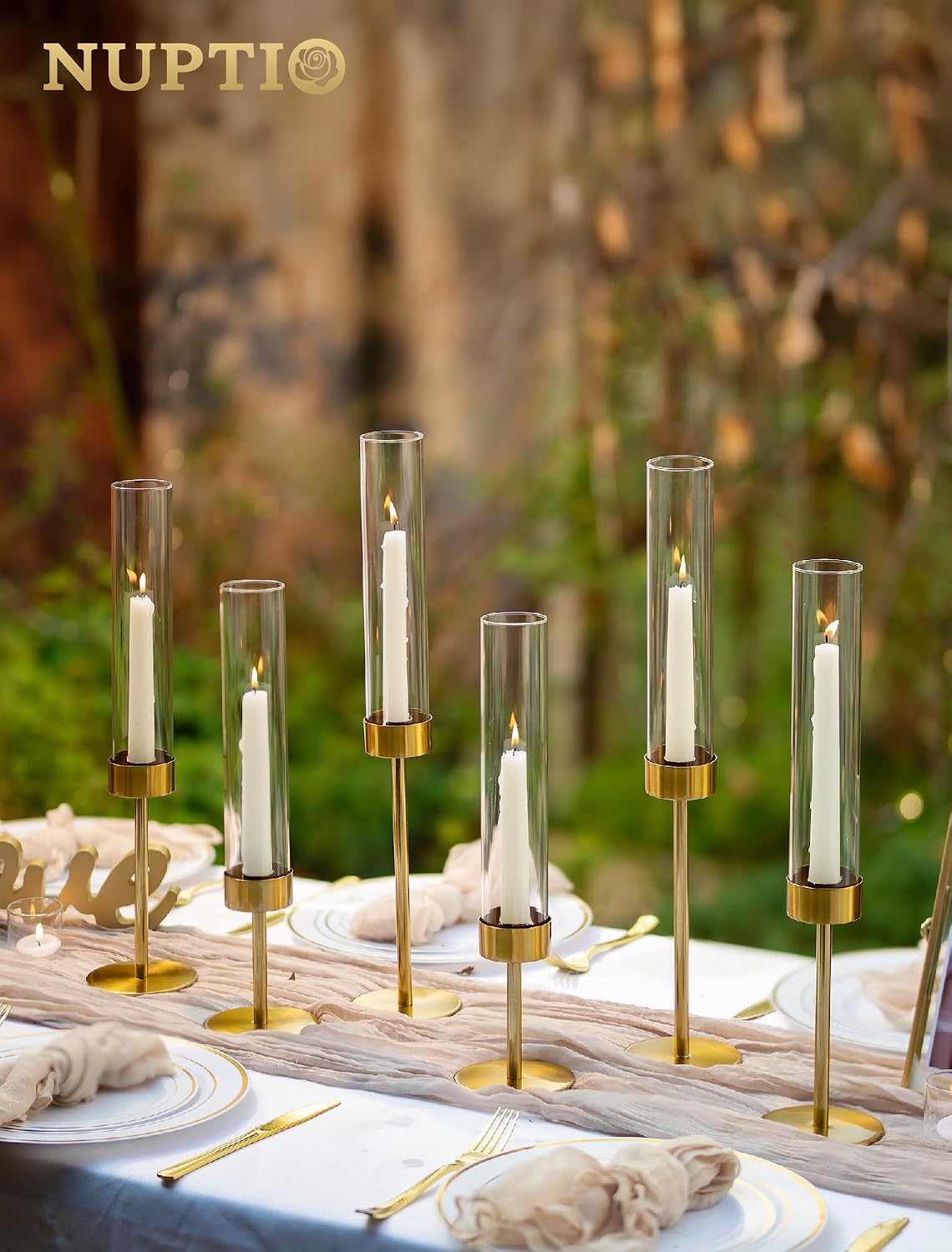 NUPTIO Hurricane Candle Holder for Centerpiece: Set of 6 Gold Taper Candle Holders Bulk - Tall Brass Candlestick Holders with Cylinder Shape Cover for Dinner Table Christmas Decor