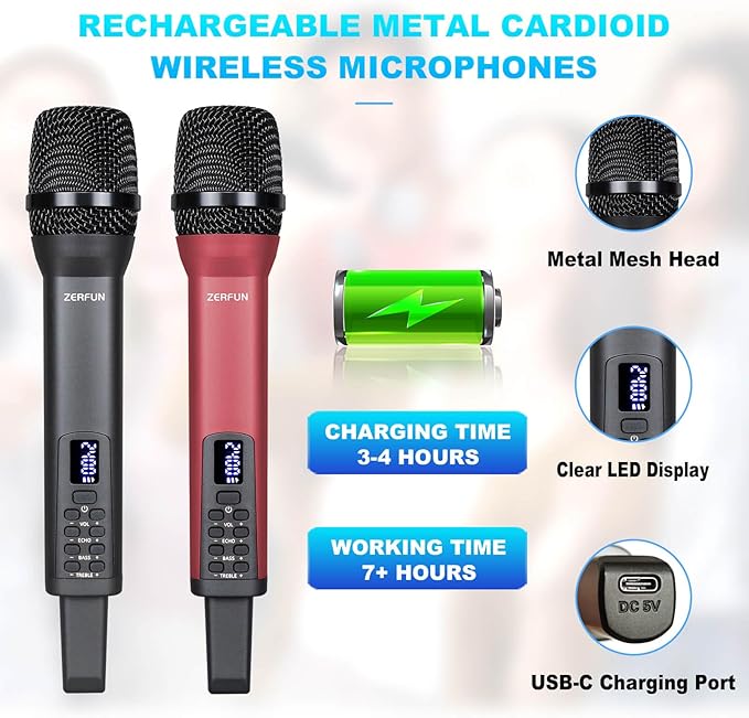 Rechargeable Wireless Microphones 4, Pro Handheld Cordless Mics System Dynamic with Echo Treble BASS VOL Control for Karaoke Singing Church Party, 1/4'' Output, D240, Grey&Red