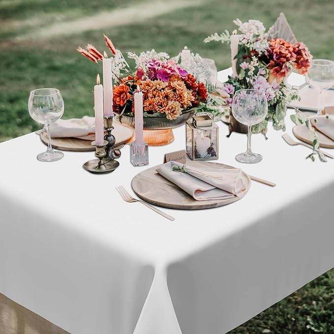 QZYL 12 Packs Disposable White Plastic Table Cloths, 54 X 108 Inches Dining Table Cloth, Plastic Tablecloths for Rectangle Tables, Quick Setup and Cleanup for Parties Picnic, Wedding and Outdoor
