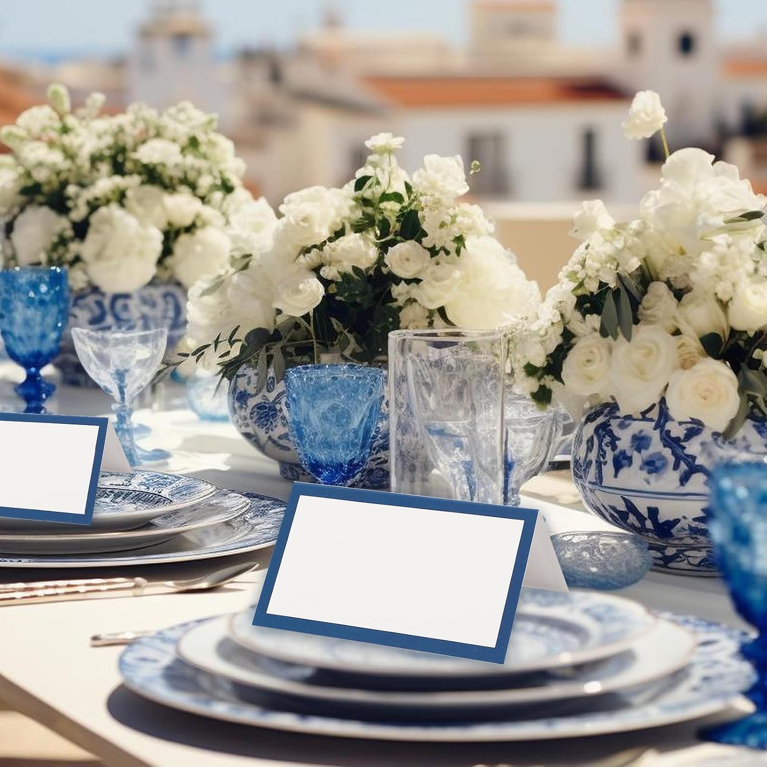 Whaline 100Pcs Navy Blue Place Cards 3.5 x 2 Inch White Blank Tented Cards Wedding Seating Card for Party Table Setting Supplies