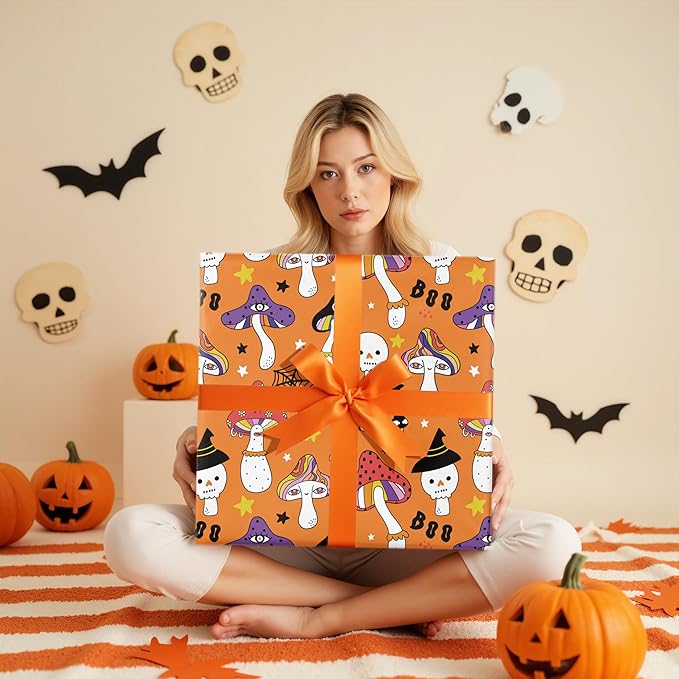 LeZakaa Halloween Creepy Mushroom Wrapping Paper Roll, Mushrooms Design, for Halloween Party, Teens, Adults, Nature Lovers, Mini Roll 17 in x 16.4 Ft