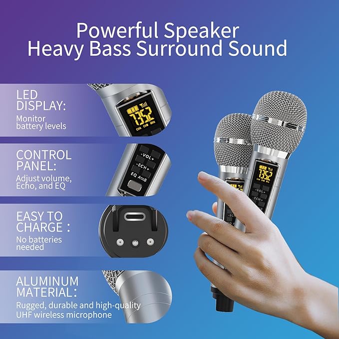 Karaoke Machine for Adults and Kids with 2 UHF Wireless Microphones,Portable Bluetooth Speaker PA Speaker System with LED Party Lights for Home Party, Picnic,Car,Outdoor/Indoor/Birthday Gifts