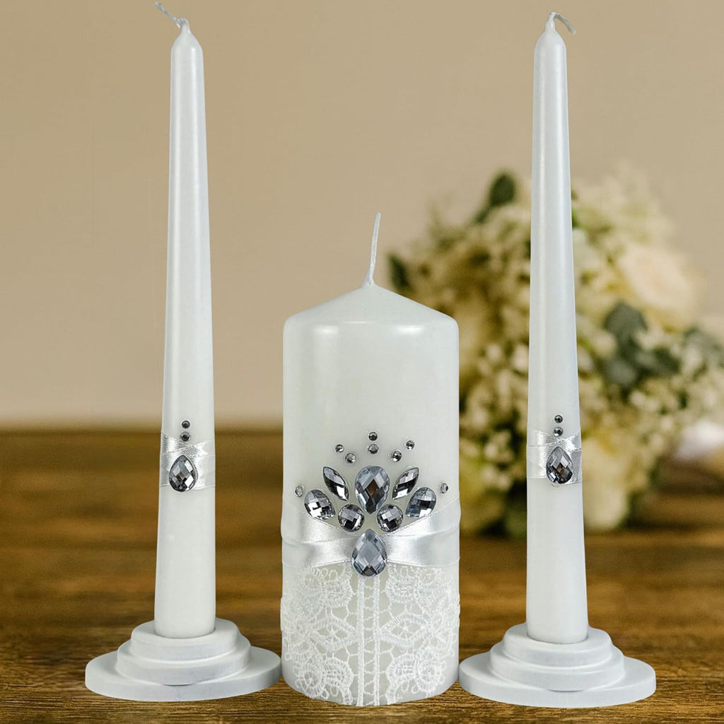 Unity Candle Set - Wedding Ceremony & Reception – 6” Pillar & Two 10” Taper Candles – Long Burning Unity Candles for Marriage Ritual – Handmade in USA – White|Cristal|Lace