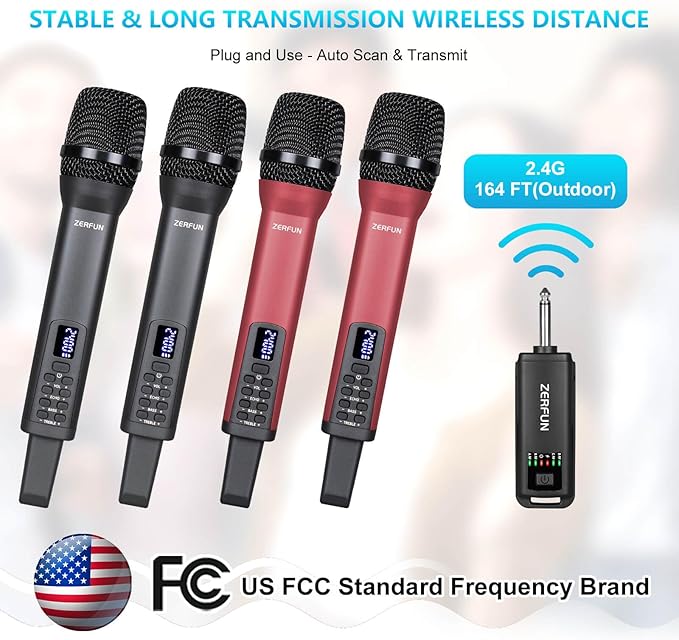 Rechargeable Wireless Microphones 4, Pro Handheld Cordless Mics System Dynamic with Echo Treble BASS VOL Control for Karaoke Singing Church Party, 1/4'' Output, D240, Grey&Red