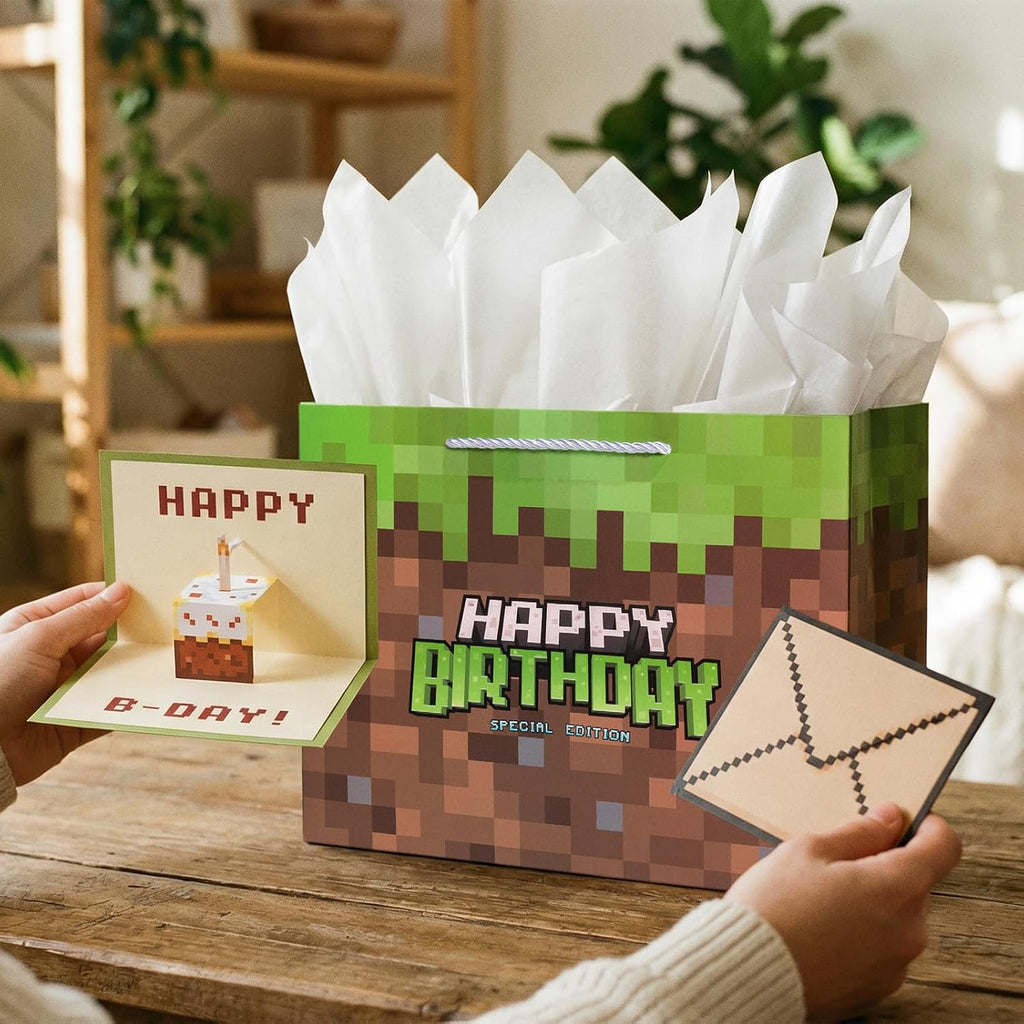 Crisky Large Video Game Birthday Bags with 3D Pop Up Cake Card, Tissue Papers, Pixel Boys Birthday Gift Bag for Teens Girls Men Women Gamer Party Decorations