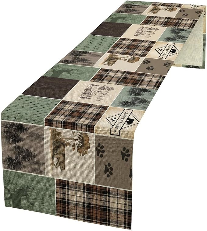 Bear Deer Table Runner,Rustic Lodge Retro Country Farmhouse Buffalo Plaid Print Tablecloth Burlap for Hotel Indoors Outdoor Dining Room Kitchen Home Decor,W13X L80 in