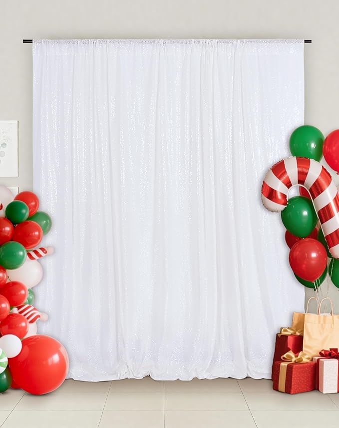 Eternal Beauty White Sequin Backdrop, 7x7 Ft Glitter Background Curtains for Christmas Shimmer Photography Party Wedding Birthday Back Drop Decor
