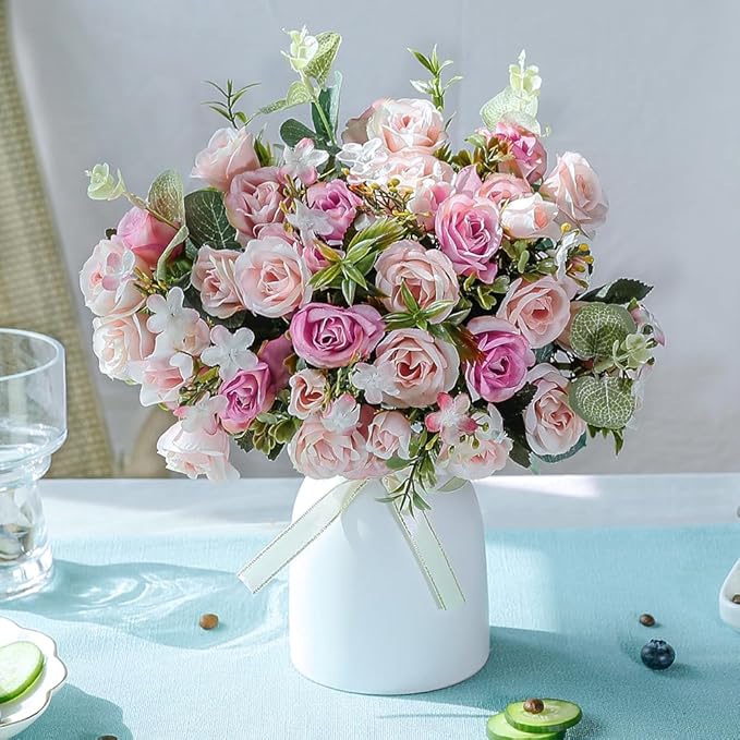 LESING Artificial Silk Rose with Vase Fake Flowers Wedding Flowers Bouquets Arrangement Home Office Party Centerpiece Table Decoration (Pink)