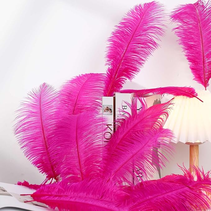 YAKRUNA 30PCS Hot Pink Ostrich Feathers Bulk 12-14 Inches for Centerpieces for Wedding Birthday Gatsby Party, Decorative Plumes for Vase & Table & Christmas Tree Decor (30-35cm, Fuchsia)