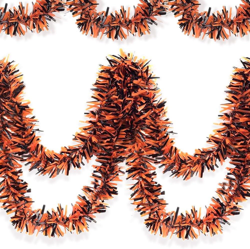 Halloween Tinsel Garland - 33 Ft Shiny Metallic Tree Garland Glitter Tinsel Hanging Twist Hanging Decorations for Halloween Party Holiday Supplies (Orange,Black)