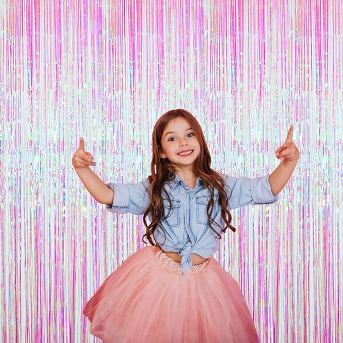 GOER 6.4 ft x 9.8 ft Metallic Tinsel Foil Fringe Curtains,Pack of 2 Party Streamer Backdrop for Unicorn Birthday,Graduation Decorations and New Year Eve (Iridescent)
