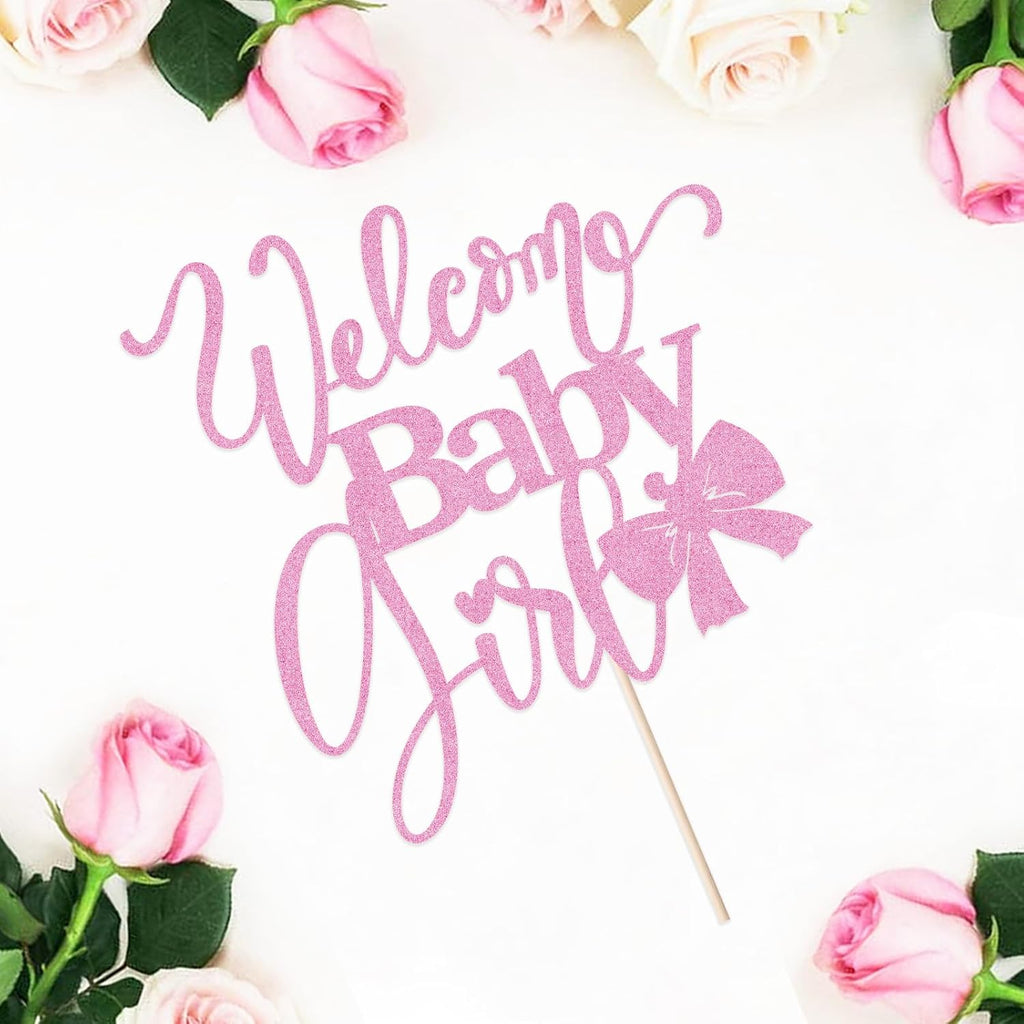 Welcome Baby Girl Cake Toppers - Baby Shower, Baby Shower, Newborn Gender Show Girl Happy Birthday Party Decoration (pink glitter)