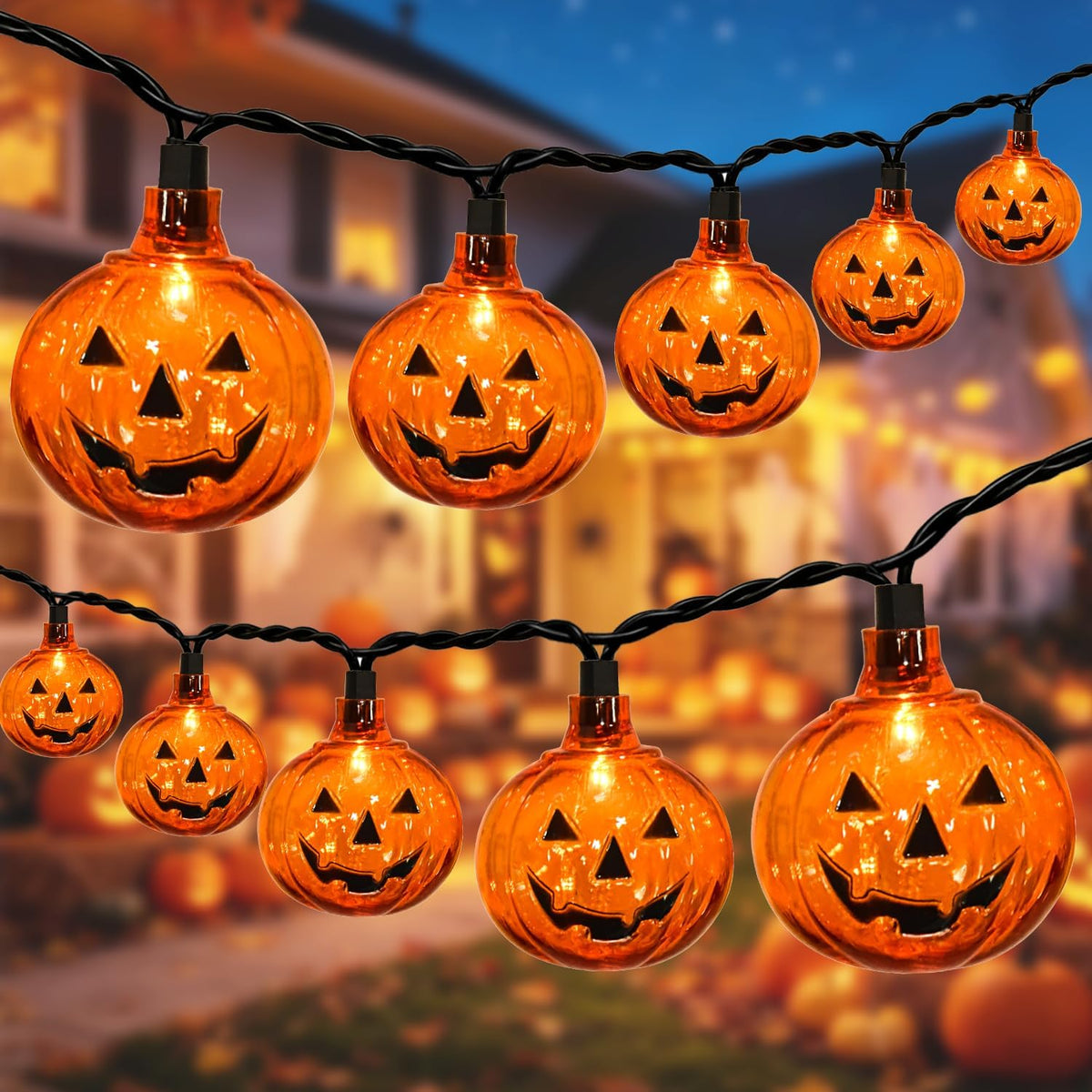 12Ft 20 LED Halloween Pumpkin String Lights Plug in Jack O Lantern Lights wit...