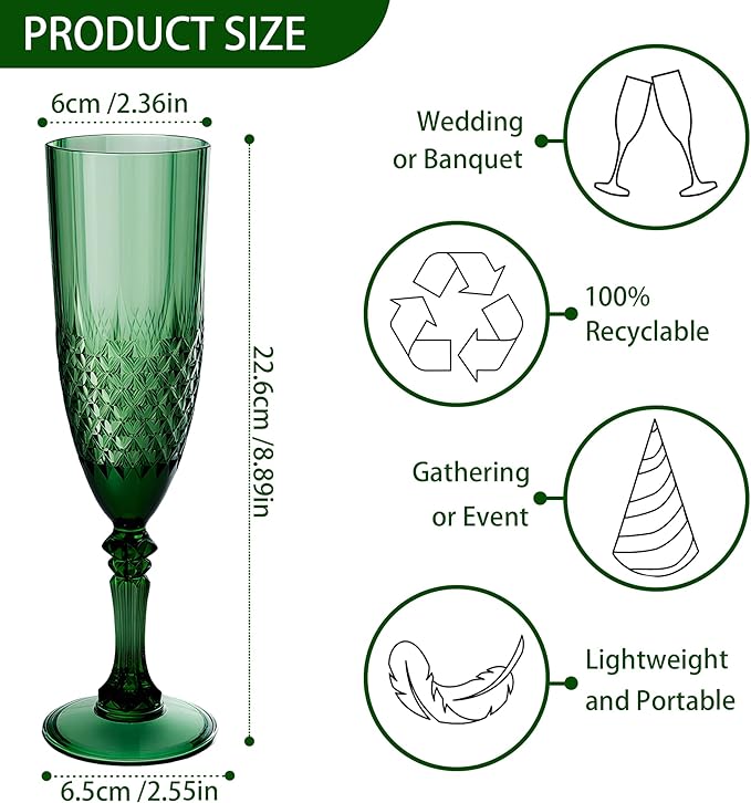Plastic Champagne Flutes, 12PCS Dark Green Wine Glasses Goblets Cups Reusable Flute, for Christmas Weddings Bachelor Parties Toasting and Events(12, Dark Green)