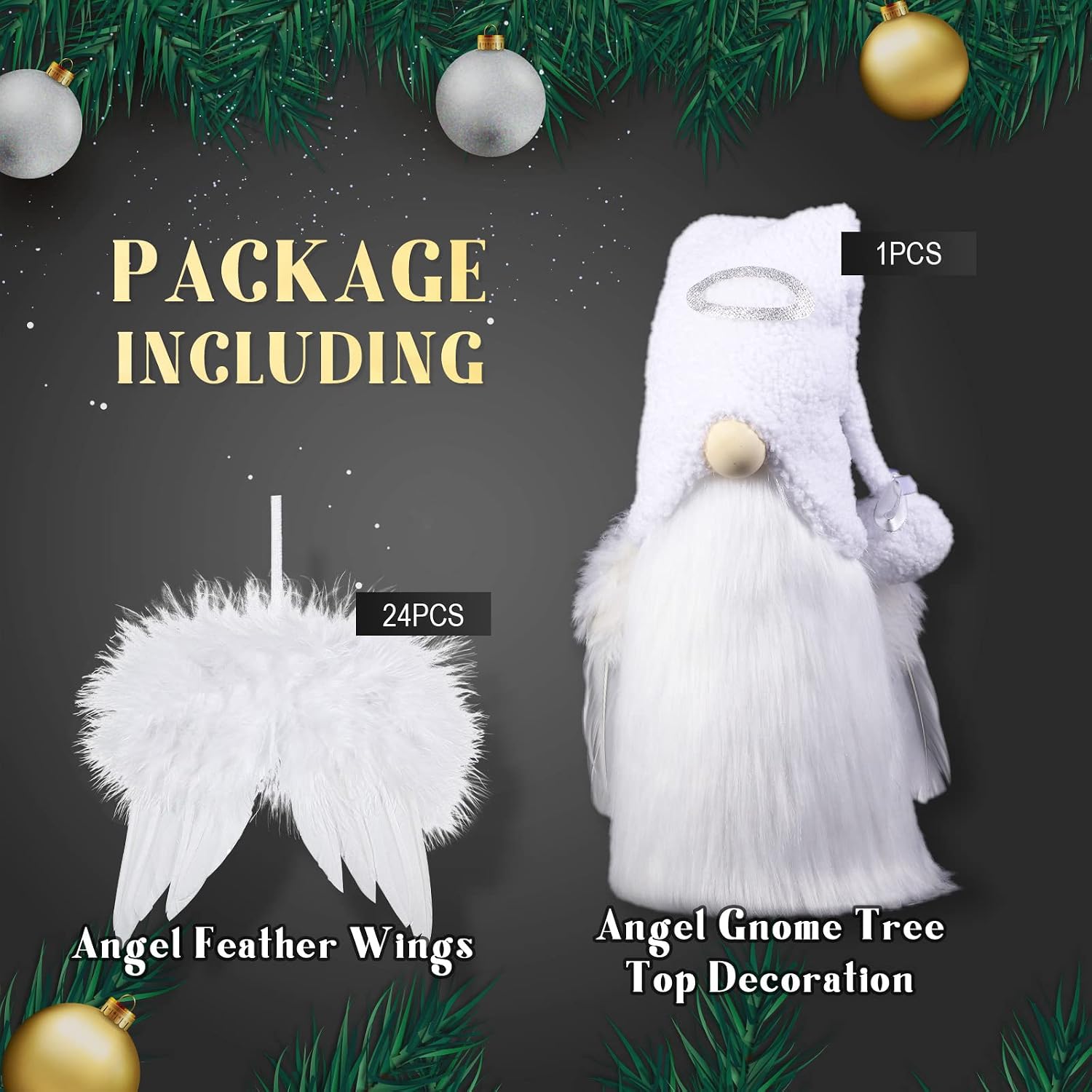 Sratte Christmas Angel Gnomes Treetop 23 Inch White and Silver Gnome Tree Topper and 24 Pcs 4.72 x 4.6 Inch Angel Feather Ornament Plush Christmas Tree Mantel Table Decorations for Xmas Winter Holiday