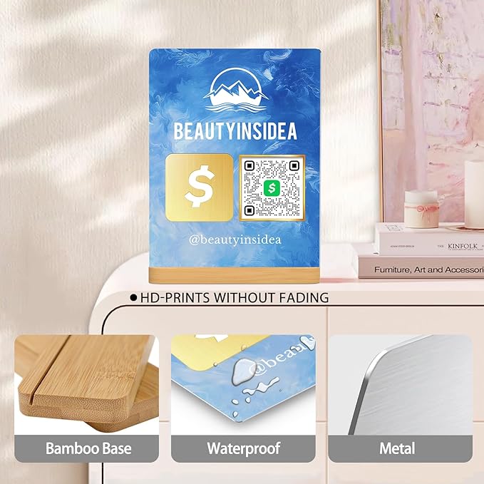 Personalized Custom Metal QR Code Sign Venmo Cashapp Scan to Pay with Stand Instagram Facebook Social Media QR Signs Bar Code QR Plaque Print for Business Salon Beauty Store Restaurant Wifi Sign (Vertical 1)