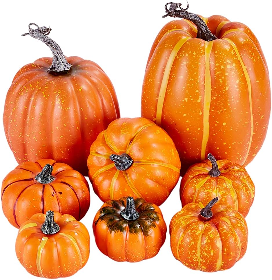 Artmag 8 Pcs Assorted Sizes Harvest Orange Artificial Pumpkins for Fall Hallo...