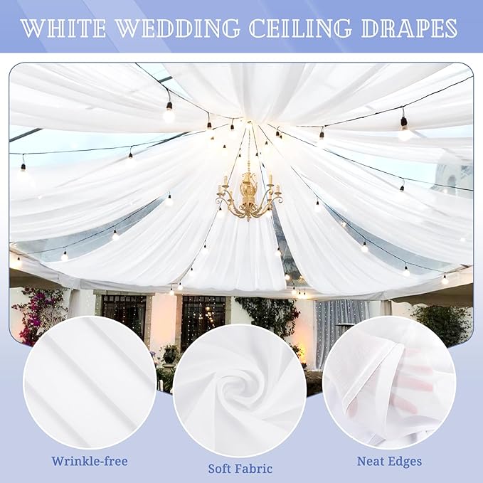 8 Panels White Ceiling Drapes for Wedding 5ftx20ft Chiffon Fabric Arch Draping Curtains for Party Ceremony Birthday Baby Shower Reception Stage Ceiling Decorations