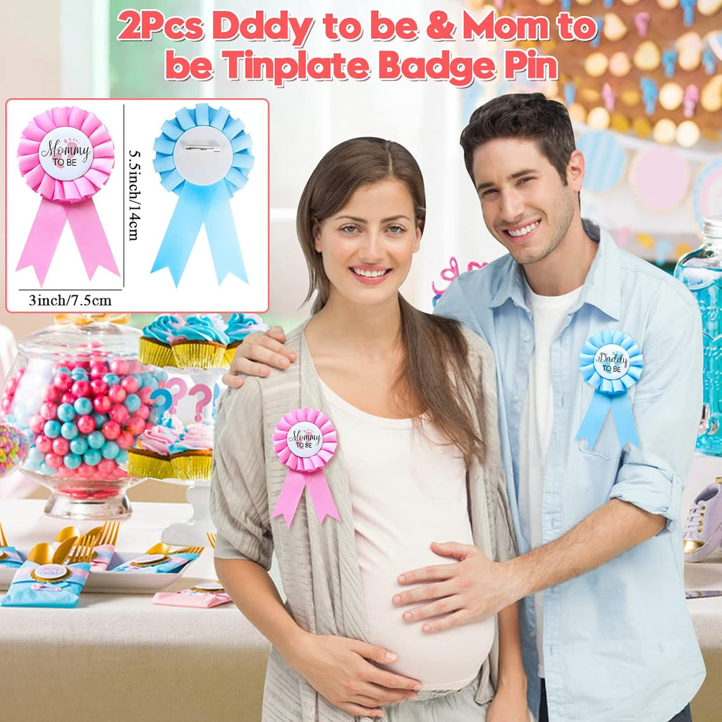 Winrayk Baby Gender Reveal Party Favors Supplies Ideas, Team Boy or Girl Pins Daddy and Mommy Badge Pin Silicone Bracelet Photo Prop Necklace, 104 Baby Shower Favors Pink Blue Gender Reveal Decor Game