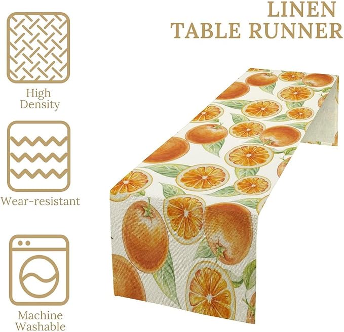 Spring Summer Orange Table Runner Watercolor Sweet Fruit Botanical Print Dinner Runner for Farmhouse Party Holiday Home Kitchen Dining Table Decor 13x36