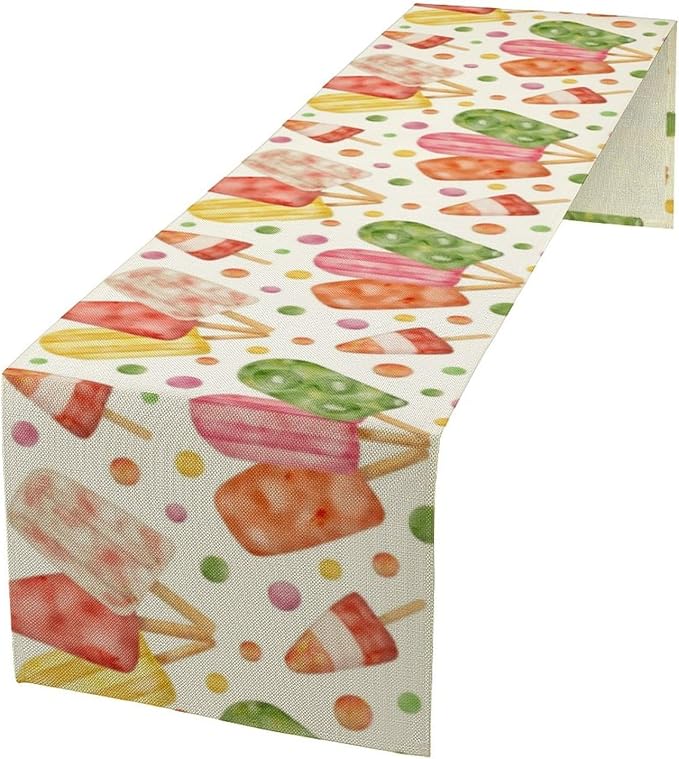 Summer Popsicles Table Runner, Watercolor Colorful Fruit Ice Cream Pops Berry Kiwi Cold Summer Sweet Seasonal Dinner Runner for Party Holiday Home Kitchen Dining Table Decor 13"x108"