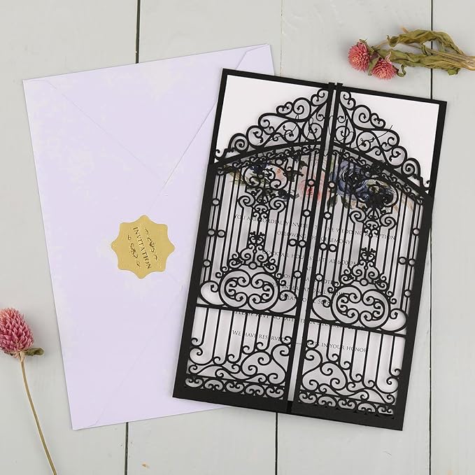 50Pcs Wedding Invitation Kit Black Fences Fold Laser Cut Invitation Pocket Personalized Wedding Card and Rsvp Card for Wedding Engagement Mermaid Birthday Party Invites