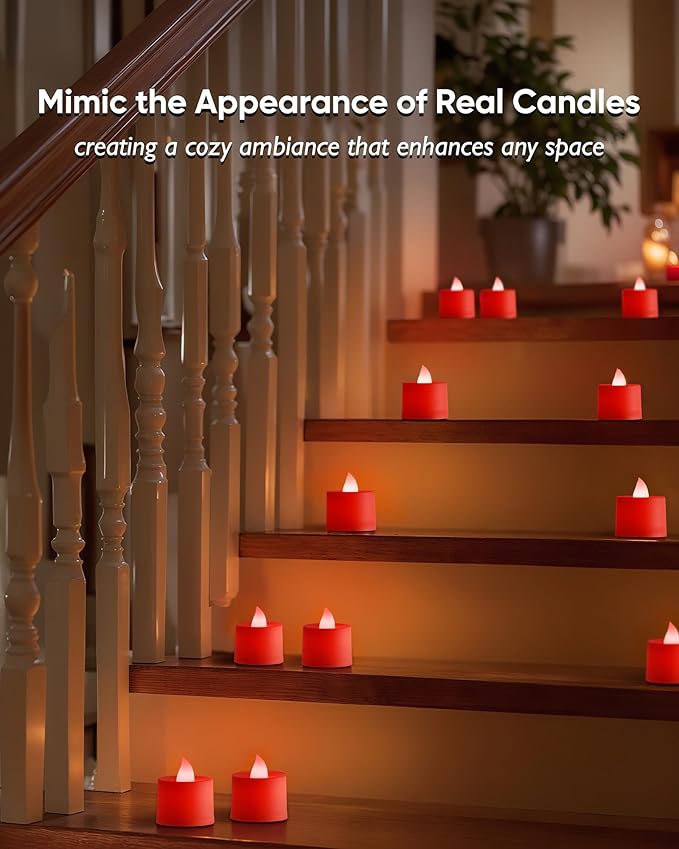 Amagic 24 Pack Red LED Tea Lights, Flameless Votive Candles Battery Operated, Electric Fake Colored Tealights Candles for Party, Halloween, Christmas, Aniversary, Wedding Table Centerpiece, Proposal