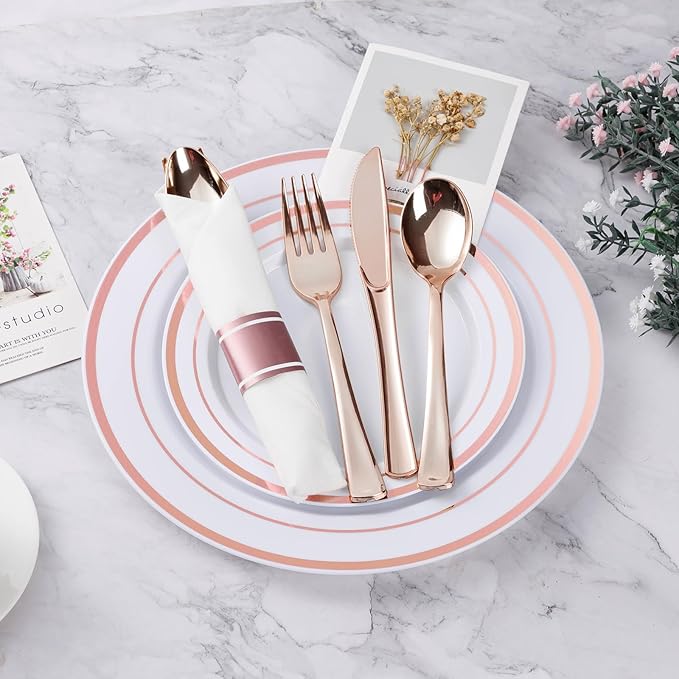 BESTVIP 175PCS Rose Gold Plastic Dinnerware Set, Disposable Party Plates for 25 Guests, Include: 50 Plastic Plates, 25 Pre Rolled Napkins with Rose Gold Silverware, 25 Cups for Christmas, Halloween