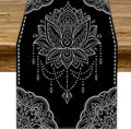 Lotus Flower Table Runner, Bohemian Ethnic Oriental Mandala Black White Floral Print Table Runner for Home Kitchen Dining Indoor Outdoor Dinner Party Decor, 13x120inch