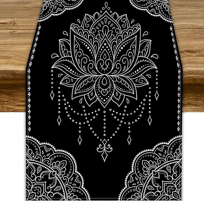 Lotus Flower Table Runner, Bohemian Ethnic Oriental Mandala Black White Floral Print Table Runner for Home Kitchen Dining Indoor Outdoor Dinner Party Decor, 13x120inch
