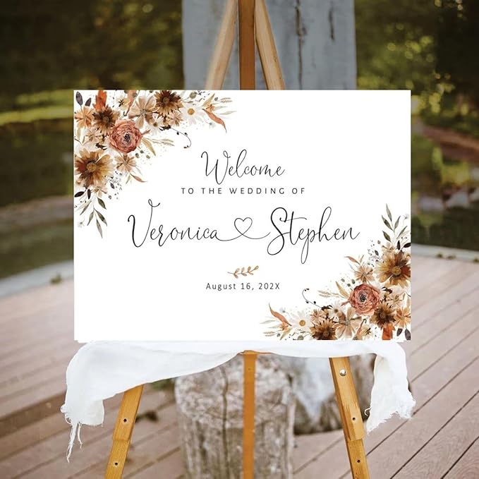 Welcome Wedding Signs, Fall Floral Burnt Orange Wedding Sign Decorations Signage 12" X 18" (Small), 27" (Medium), 36" (Large), Plastic, Modern, Pole Mount, Weather